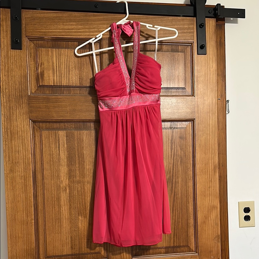 Cute Pink Halter Dress with Rhinestones